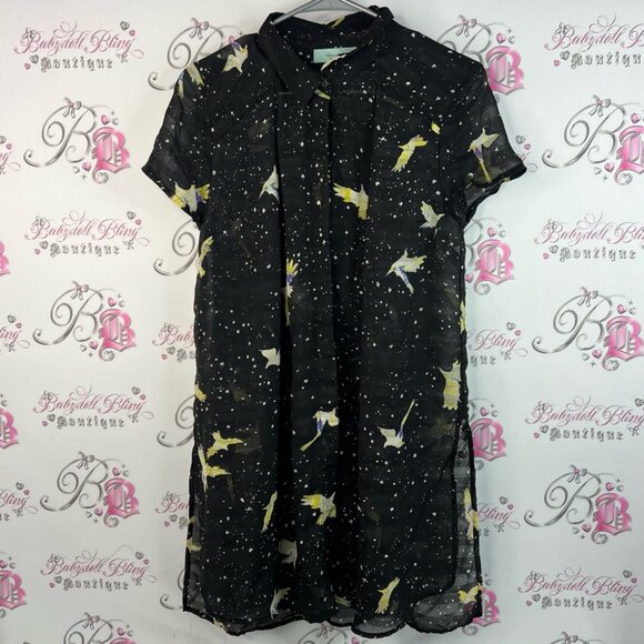 Camilla tree dress button up tshirt long Black Dress with Starry bird Design - Picture 1 of 14